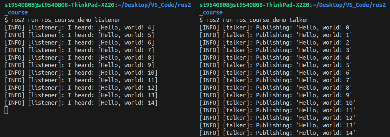 demo 結果，先執行 talker 再執行 listener (所以字串才從 4 開始)